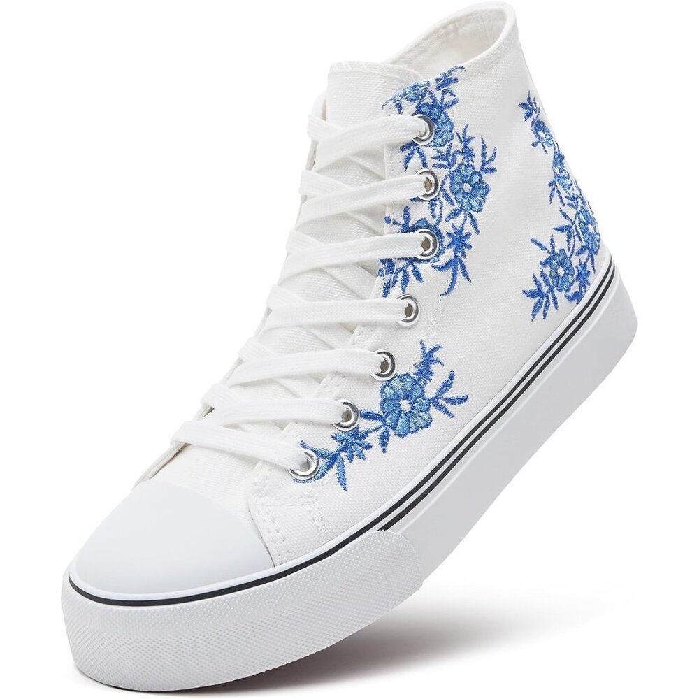 Women's White Blue High Top Sneakers Embroidery Casual Breathable Mesh Lace Up - Picture 1 of 6